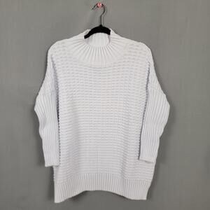 French Connection White Textured Cotton Funnel Neck Ribbed Knit Sweater